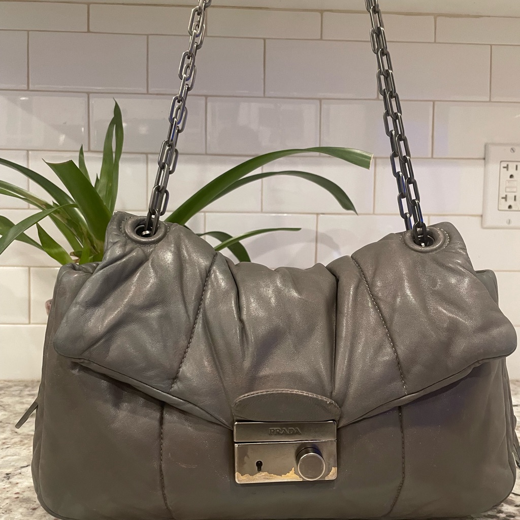 Prada Gray Leather Shoulder Bag With Chain Strap